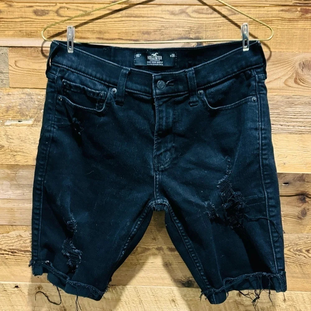 Hollister Skinny Denim Shorts 9" Black distressed long grunge emo Y2K grunge 30